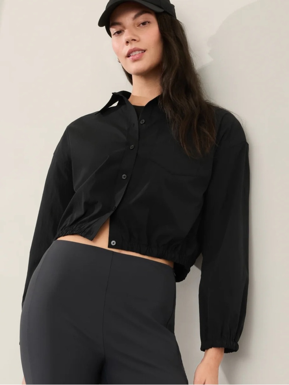 Athleta Midday Bubble Hem Shirt Button Down Black Size Large